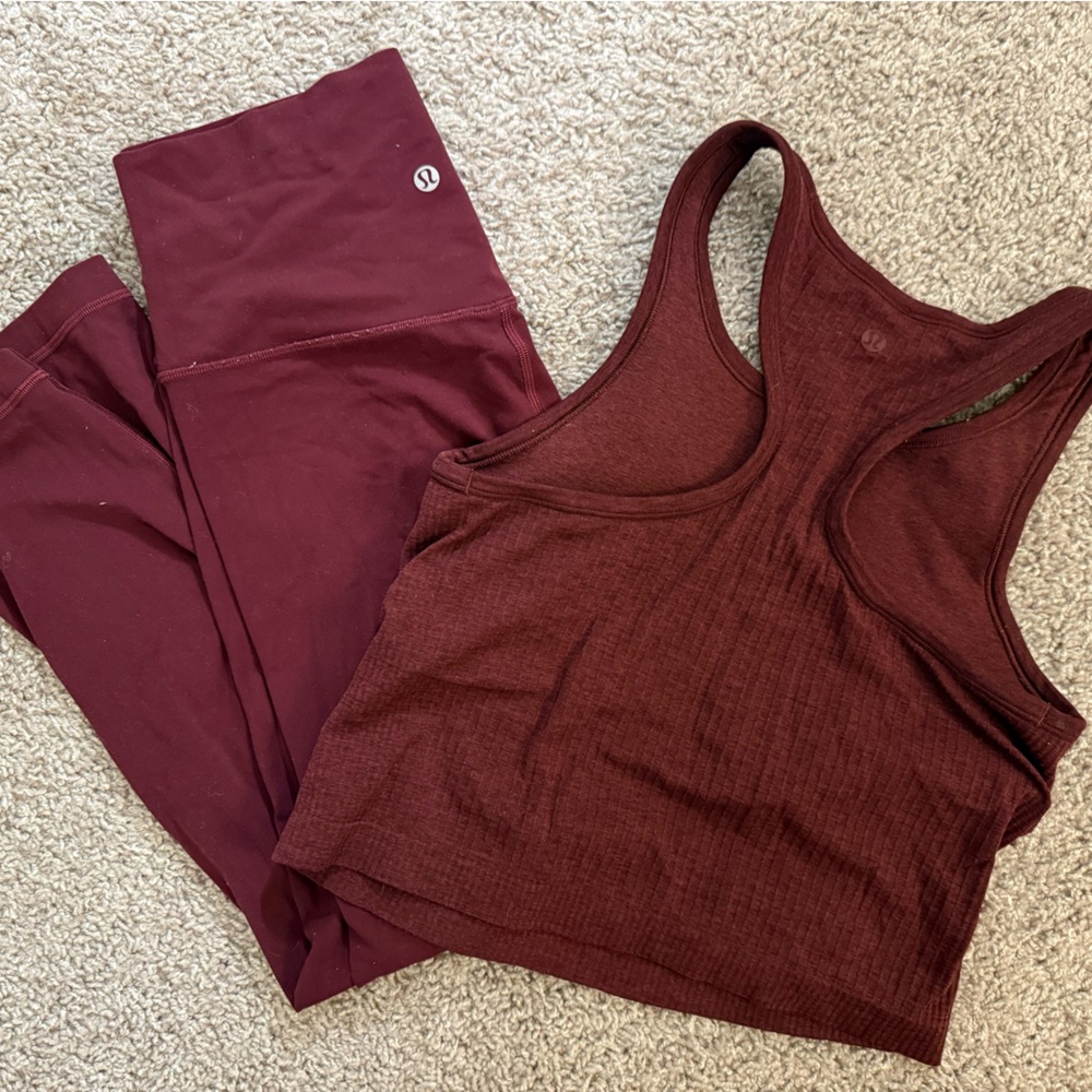 Lululemon maroon ebb to street cropped racerback tank top and align leggings set